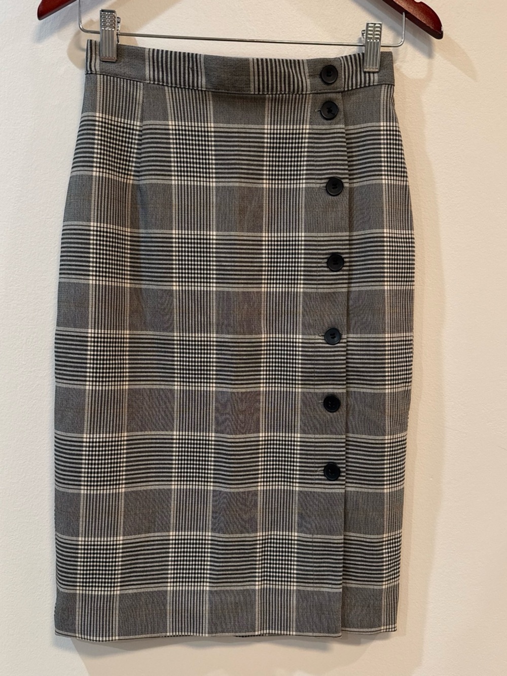 H&M Black and Gray Plaid Button-Side Pencil Suit Skirt